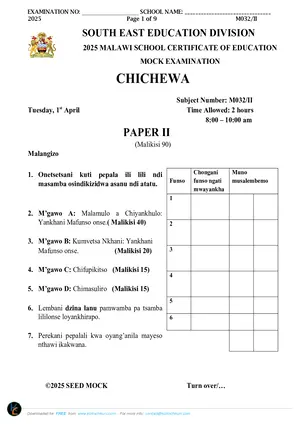 2025 SEED MSCE Chichewa Paper II Mock - Preview