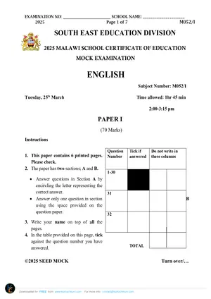 2025 SEED MSCE English Paper I Mock - Preview