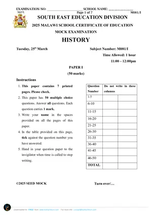 2025 SEED MSCE History Paper I Mock - Preview