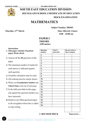 2025 SEED MSCE Mathematics Paper I Mock - Preview