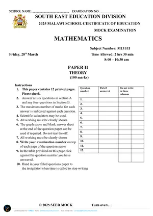 2025 SEED MSCE Mathematics Paper II Mock - Preview