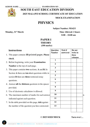 2025 SEED MSCE Physics Paper I Mock - Preview