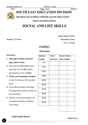 2025 SEED MSCE Social and Life Skills Paper I Mock - Preview