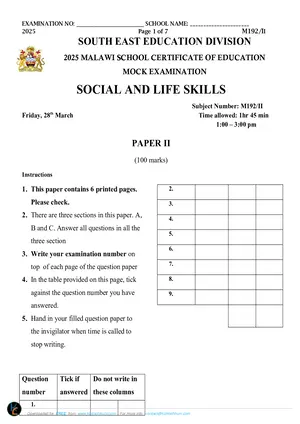 2025 SEED MSCE Social and Life Skills Paper II Mock - Preview