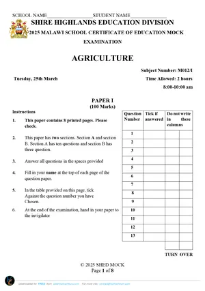 2025 SHED MSCE Agriculture Paper I Mock - Preview