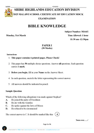 2025 SHED MSCE Bible Knowledge Paper I Mock - Preview