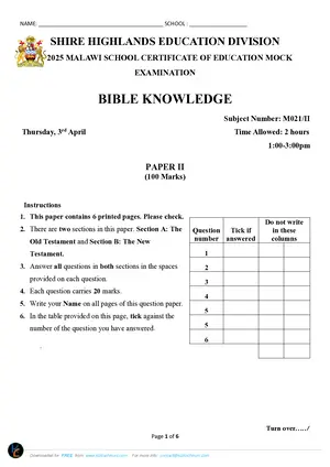 2025 SHED MSCE Bible Knowledge Paper II Mock - Preview