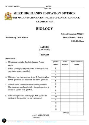 2025 SHED MSCE Biology Paper I Mock - Preview