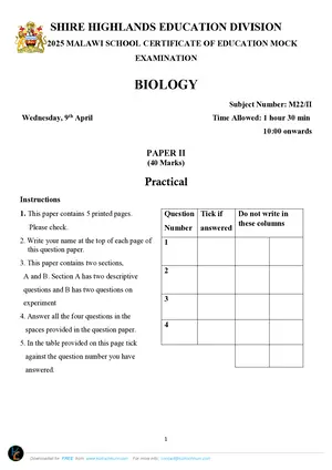 2025 SHED MSCE Biology Paper II Mock - Preview