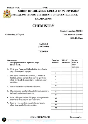 2025 SHED MSCE Chemistry Paper I Mock - Preview