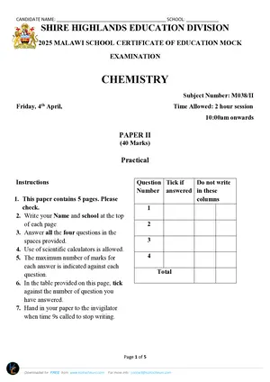 2025 SHED MSCE Chemistry Paper II Mock - Preview