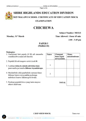 2025 SHED MSCE Chichewa Paper I Mock - Preview