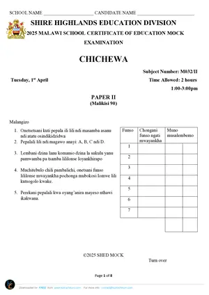 2025 SHED MSCE Chichewa Paper II Mock - Preview