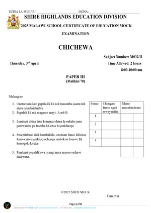 2025 SHED MSCE Chichewa Paper III Mock - Preview