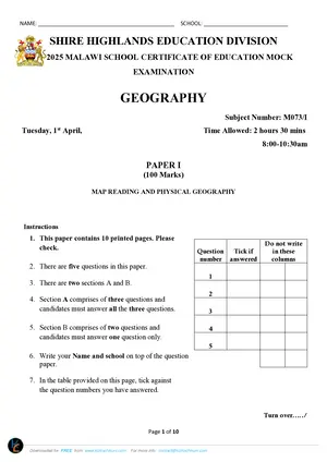 2025 SHED MSCE Geography Paper I Mock - Preview
