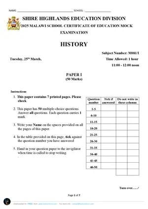 2025 SHED MSCE History Paper I Mock - Preview