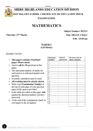 2025 SHED MSCE Mathematics Paper I Mock - Preview