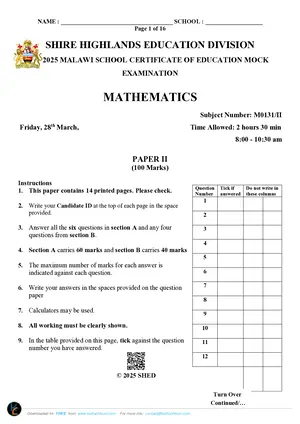 2025 SHED MSCE Mathematics Paper II Mock - Preview