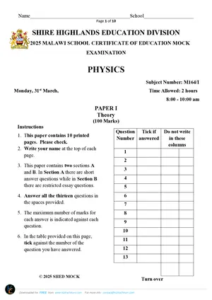 2025 SHED MSCE Physics Paper I Mock - Preview