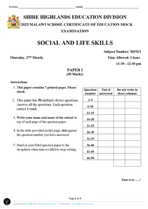 2025 SHED MSCE Social and Life Skills Paper I Mock - Preview