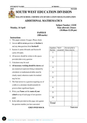2025 SWED MSCE Additional Mathematics Paper II Mock Paper - Preview