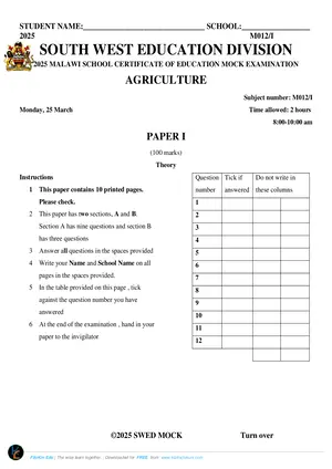 2025 SWED MSCE Agriculture Paper I Mock Paper - Preview
