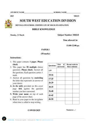 2025 SWED MSCE Bible Knowledge Paper I Mock Paper - Preview