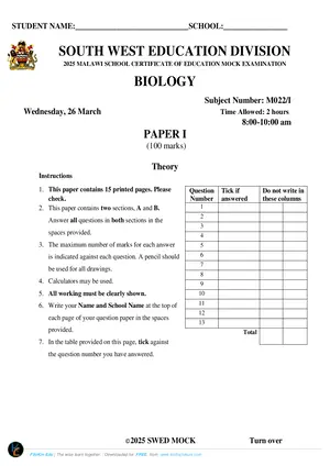 2025 SWED MSCE Biology Paper I Mock Paper - Preview