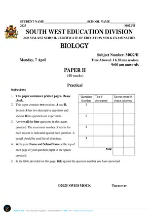 2025 SWED MSCE Biology Paper II Mock Paper - Preview