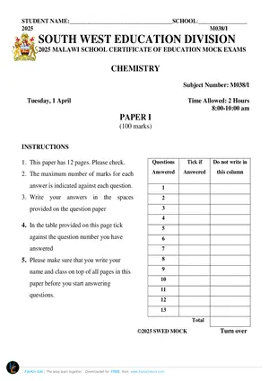 2025 SWED MSCE Chemistry Paper I Mock Paper - Preview