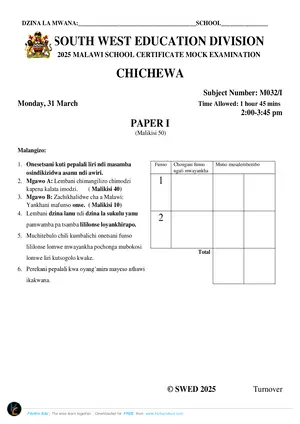 2025 SWED MSCE Chichewa Paper I Mock Paper - Preview