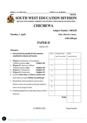 2025 SWED MSCE Chichewa Paper II Mock Paper - Preview