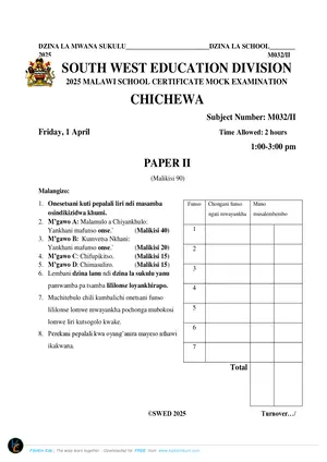 2025 SWED MSCE Chichewa Paper III Mock Paper - Preview