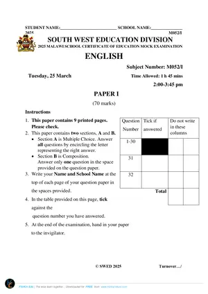 2025 SWED MSCE English Paper I Mock Paper - Preview