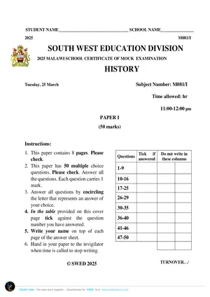 2025 SWED MSCE History Paper I Mock Paper - Preview