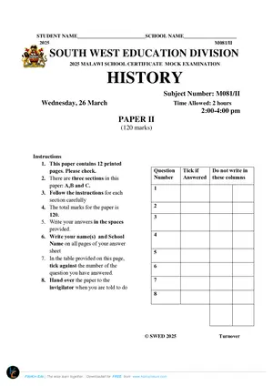 2025 SWED MSCE History Paper II Mock Paper - Preview