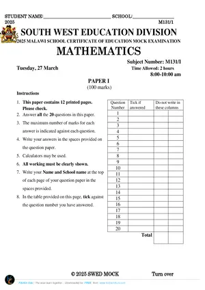 2025 SWED MSCE Mathematics Paper I Mock Paper - Preview