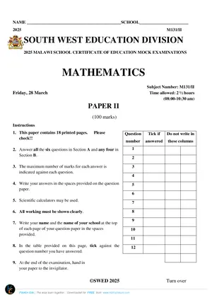 2025 SWED MSCE Mathematics Paper II Mock Paper - Preview