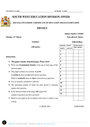2025 SWED MSCE Physics Paper I Mock Paper - Preview