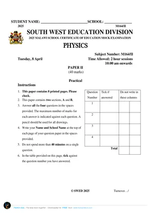 2025 SWED MSCE Physics Paper II Mock Paper - Preview
