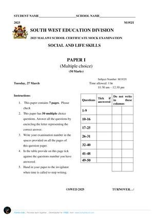 2025 SWED MSCE Social and Life Skills Paper I Mock Paper - Preview