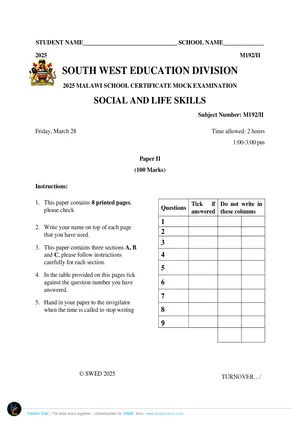 2025 SWED MSCE Social and Life Skills Paper II Mock Paper - Preview
