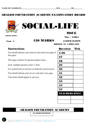 2025 Shalom Form 3 Term 2 Social and Life Skills F3 T2 - Preview