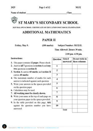 2025 St Mary's MSCE Additional Mathematics Paper II Question Paper - Preview
