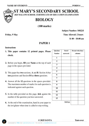 2025 St Mary's MSCE Biology Paper I - Preview
