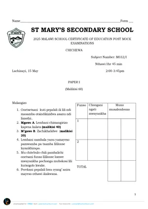 2025 St Mary's MSCE Chichewa Paper I - Preview