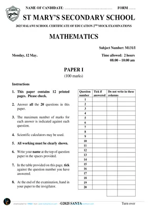 2025 St Mary's MSCE Mathematics Paper I Mock 2 - Preview