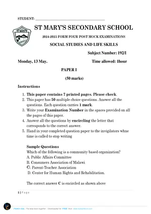 2025 St Mary's MSCE Social and Life Skills Paper I - Preview