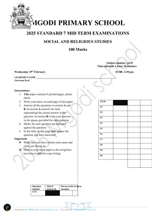 2025 Standard 7 Mgodi Mid-Term 3 Social and Religious Studies Past Paper - Preview