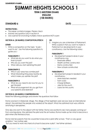 2025 Summit Heights Standard 6 English Midterm Term 3 Past Paper - Preview